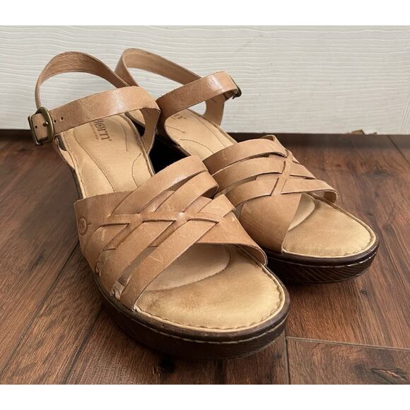 BORN Tan Neutral Leather Comfort Strappy Retro Platform Sandals Shoes Sz 10M - Picture 2 of 12